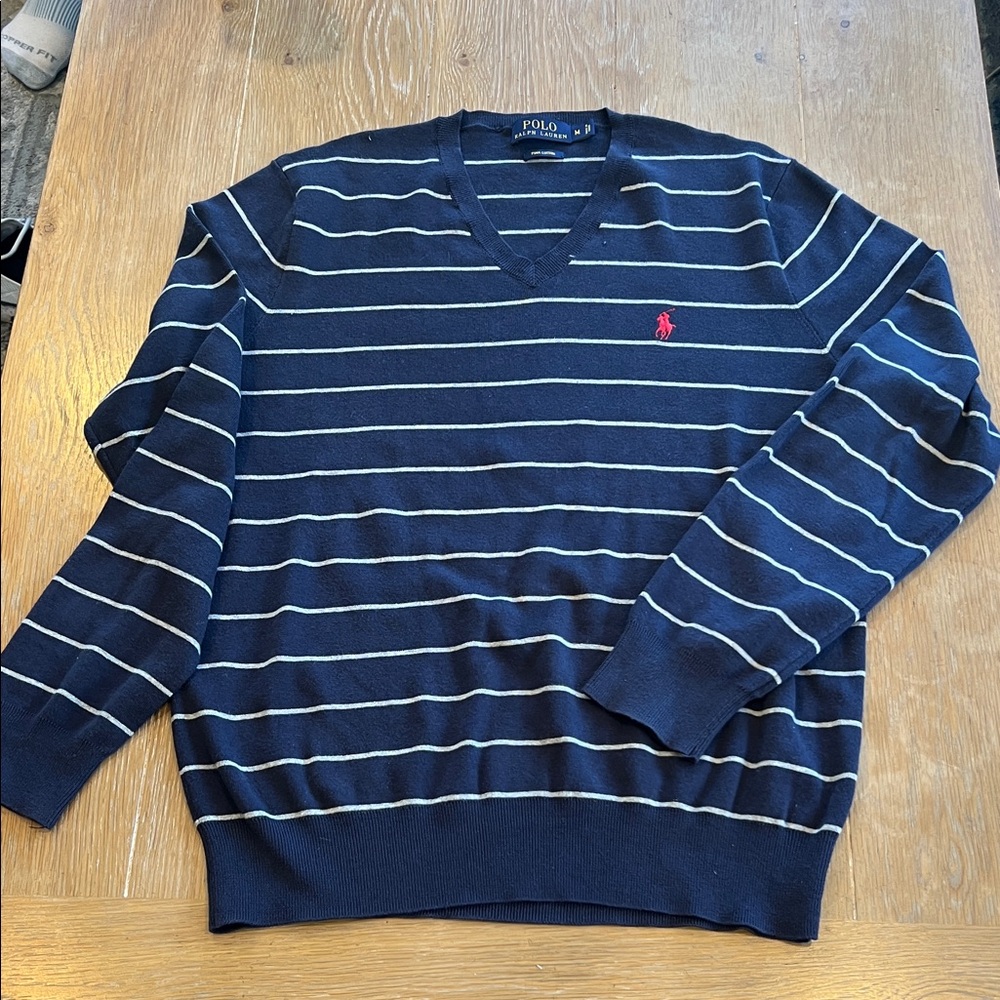 Polo by Ralph Lauren Navy Striped V-Neck Sweater